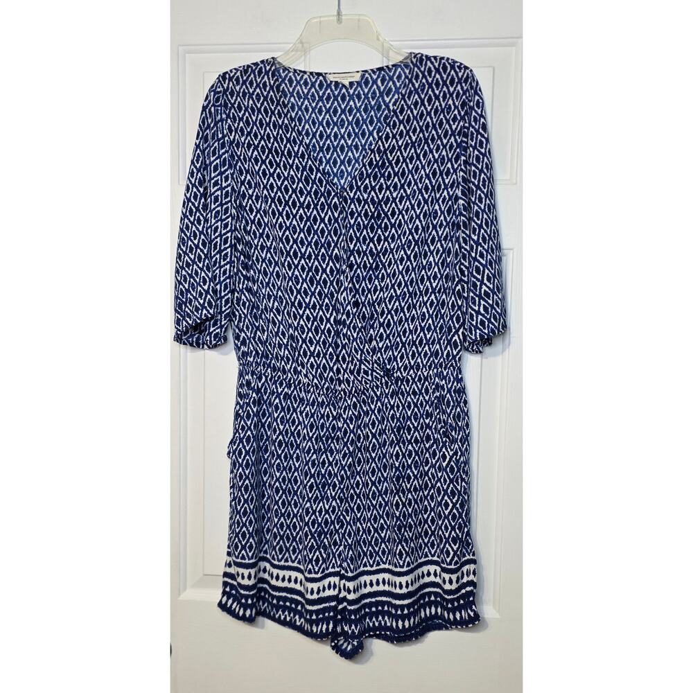 Beach Lunch Lounge Romper Shorts Women‎ L Snap At V Neck Blue Ikat Pattern Boho